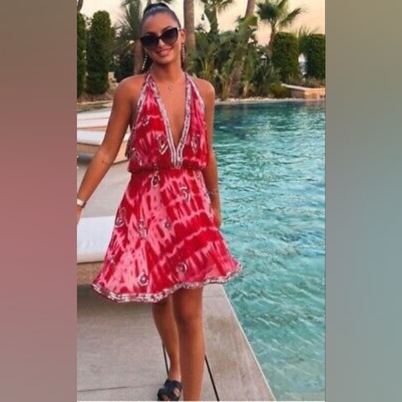 Red Tie-Dye Plunge Dress - Picture 2 of 8